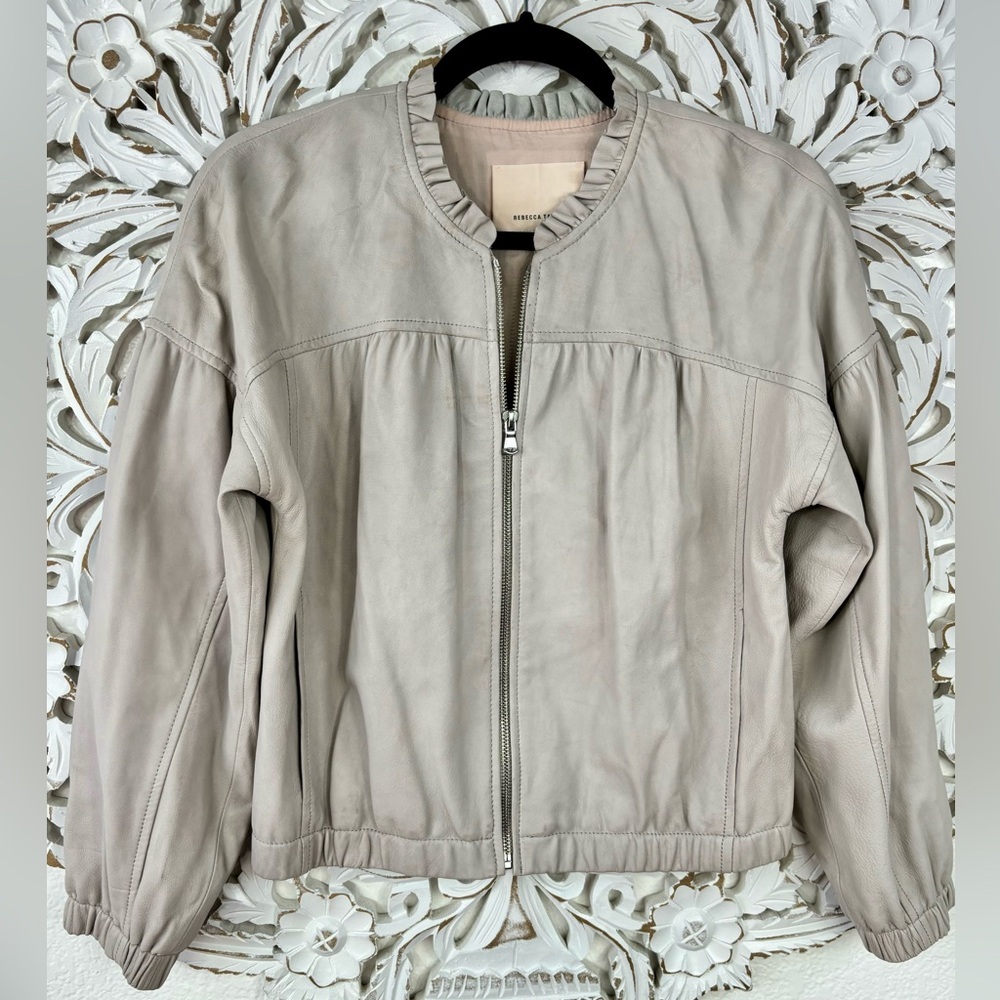 {Rebecca Taylor} Gray Lamb Leather Ruffles Bomber Zip Jacket, Size 4